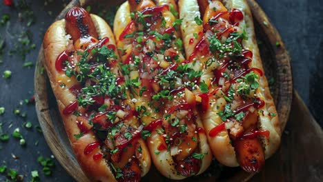 gourmet hot dogs with colorful toppings on wooden plate