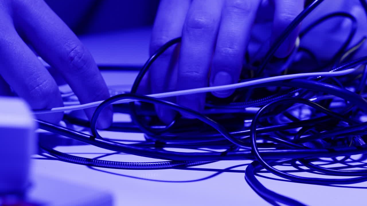 Young woman trying to untangle many various of wires close-up. Tangled wires and cables on table. Trying to untangle many messy and chaos cables