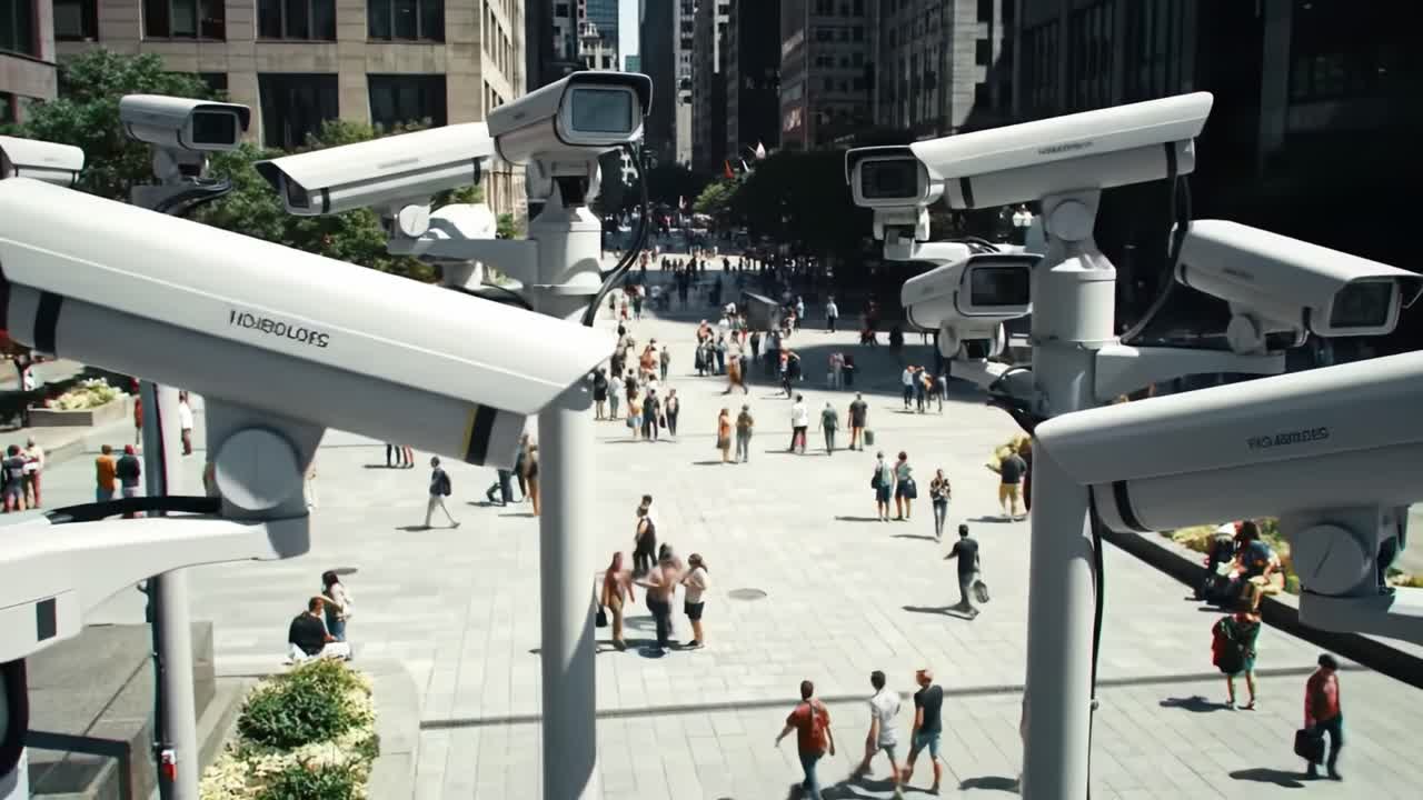 Surveillance in Urban Spaces: A Captivating Look at the Intersection of Technology and Everyday Life Amidst a Bustling Crowd in a Cityscape