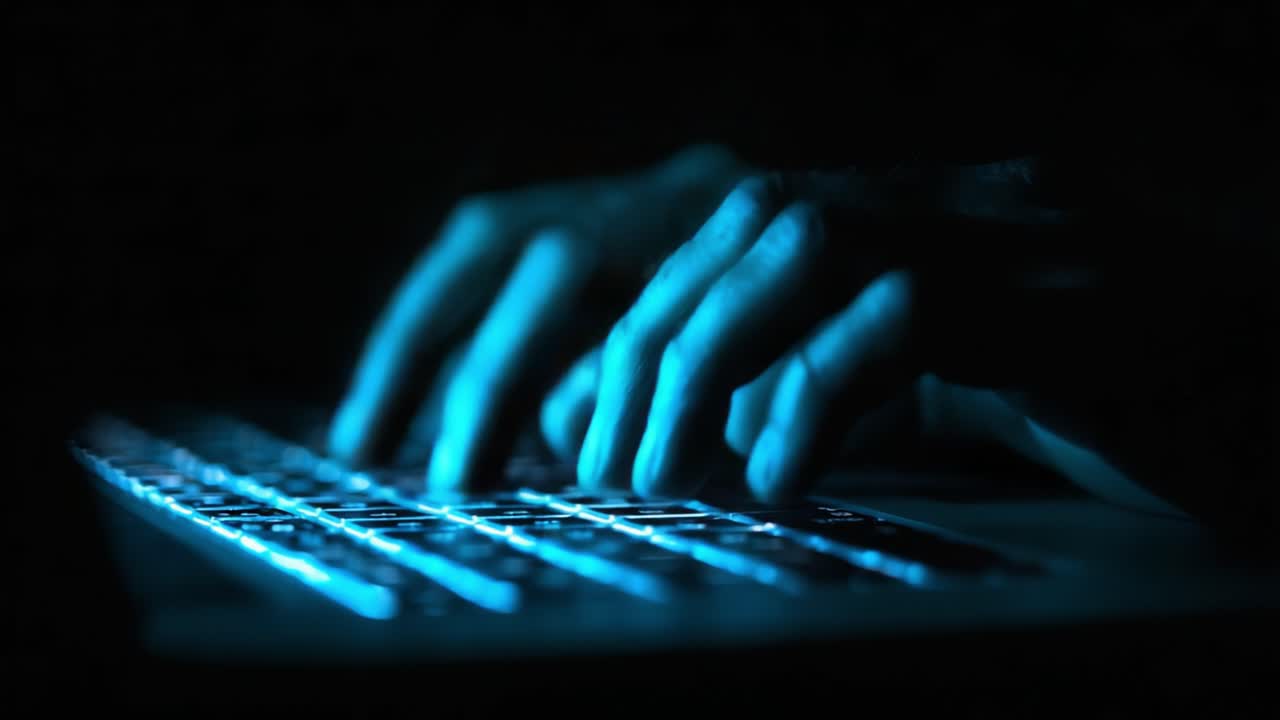 Engaging in Digital Tasks: A Close-Up of Hands Typing on a Backlit Keyboard in Low Light, Capturing the Essence of Modern Technology and Virtual Communication
