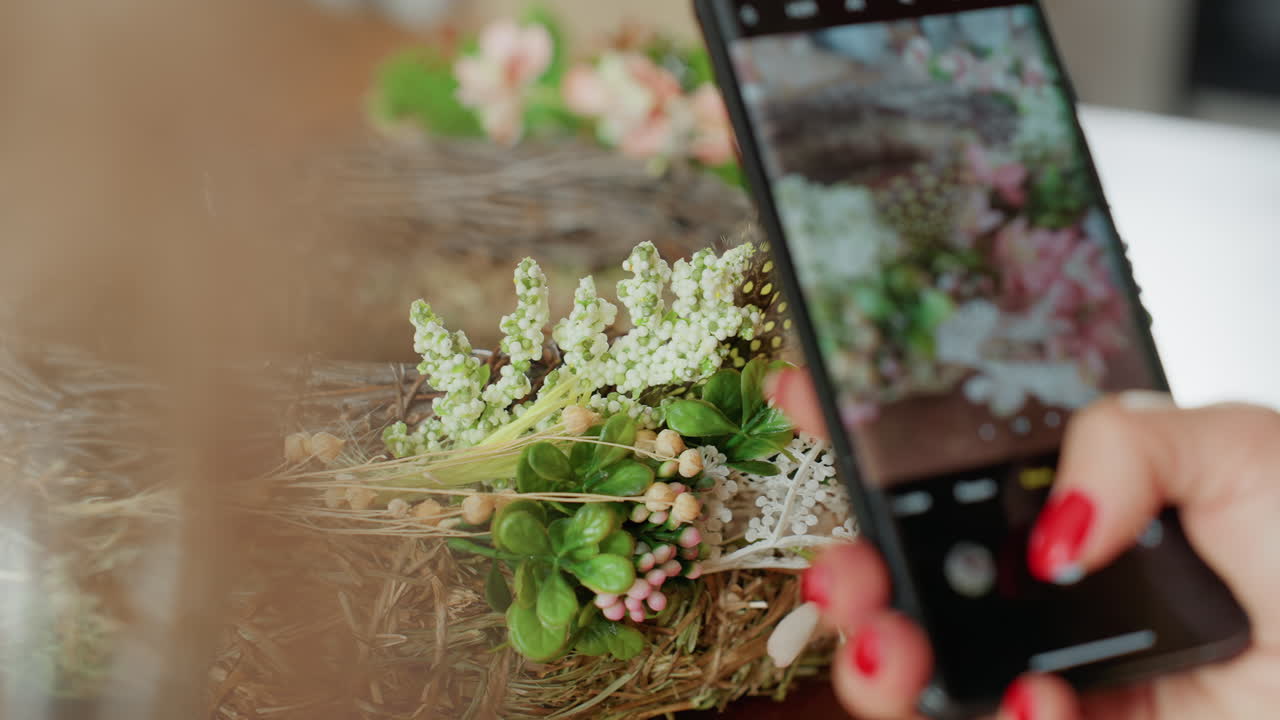 Close-up of female florist adjusting handmade floral wreath with blossoms and greenery, hand partially blurred in foreground, with natural materials showing detailed work in rustic workshop