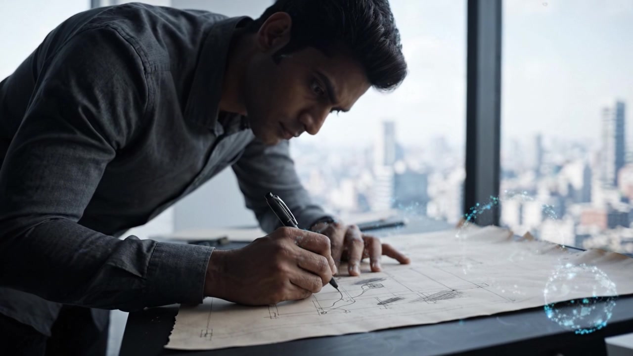 A focused individual diligently sketching innovative designs on paper, capturing creative thoughts against a panoramic city skyline.