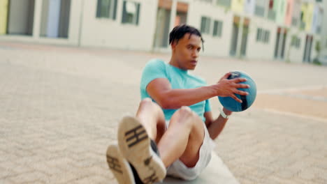 Fitness,-medicine-ball-or-black-man-on-floor