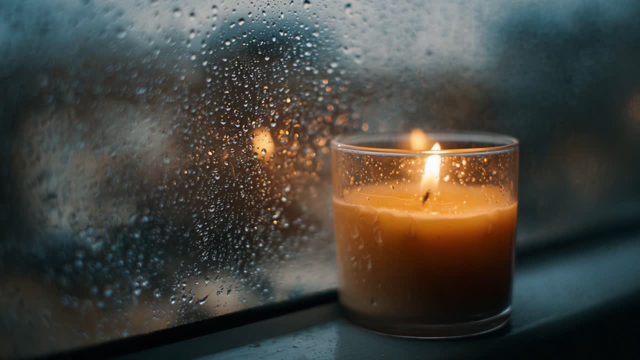 A Tranquil Candlelit Scene: Soft Glow Against a Rain-Drenched Window, Creating a Cozy Atmosphere Perfect for Reflection and Relaxation
