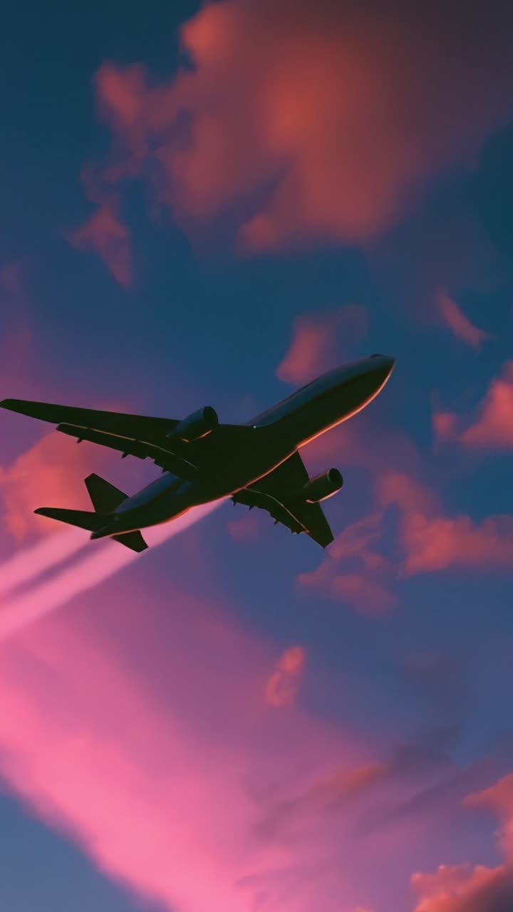 Una Maestosa Silhouette di un Aereo che Vola Contro un Vibrante Cielo al Tramonto, Lasciando Scie di Vapore, Creando un'Atmosfera Serale Pittoresca e Serena