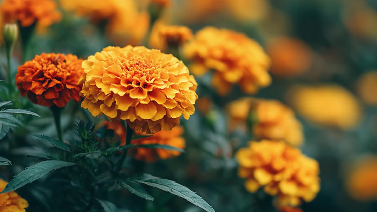 Una vivace esposizione di fiori di tagete con petali arancioni e gialli brillanti, che mette in mostra la bellezza della natura e la ricchezza della diversità floreale in un lussureggiante ambiente da giardino.