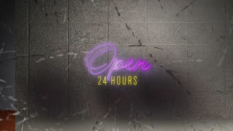 Neon-Text-„24-Stunden-Geöffnet“-Vor-Grauer-Ziegelwand-Im-Hintergrund