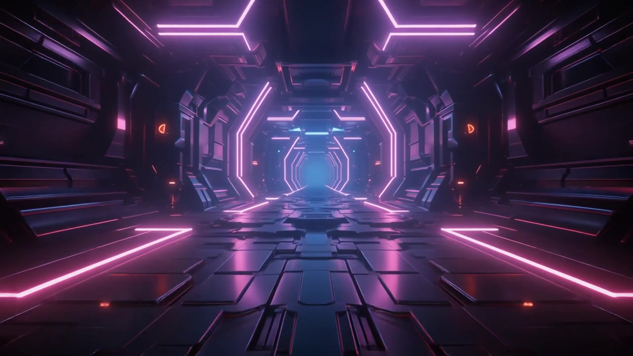 Corridoio fantascientifico futuristico con luci al neon rosa luminose