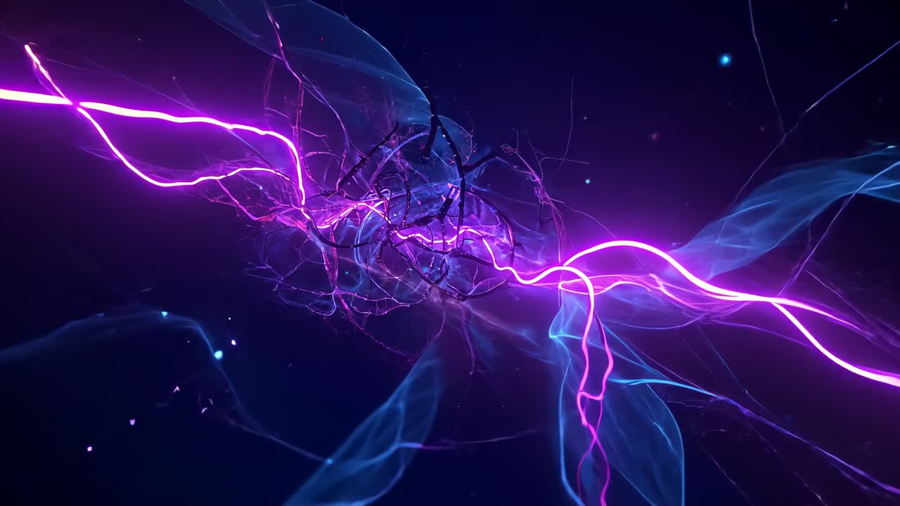 Opening black strands rotating in void, pulsing purple veins, blue ribbons drifting particles