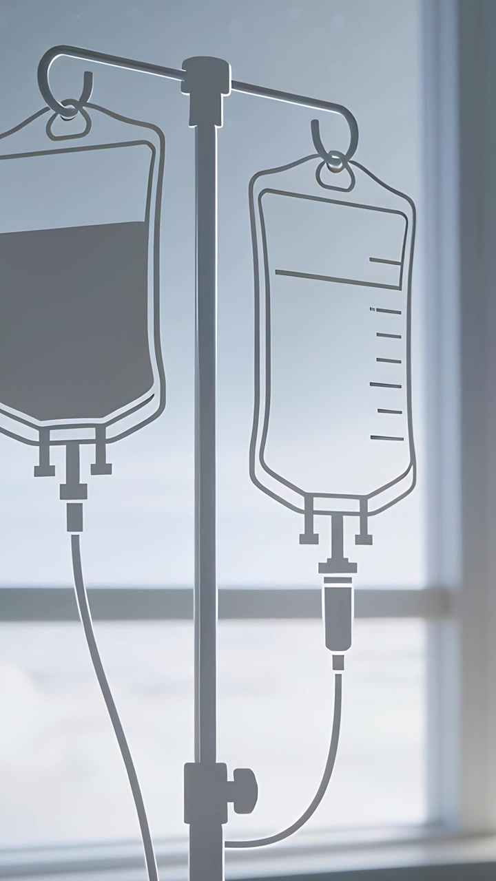 Video verticale: Un palo per flebo che oscilla con due sacche per flebo che si muovono in una clinica a causa di una leggera brezza, si vede il tubicino.