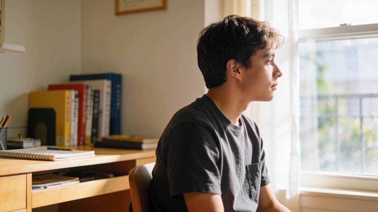 日差しを浴びるダークグレーのTシャツを着た学生が、自宅の机で本を前に窓の方に顔を向ける