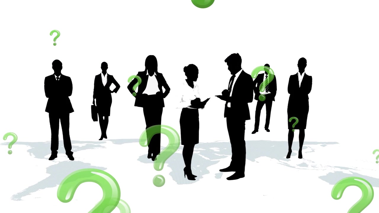 Animation of question marks over people silhouettes on white background