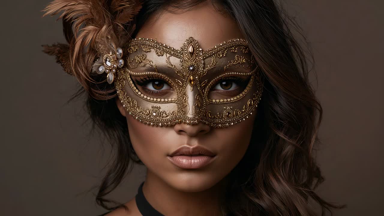 Smiling woman shifting from neutral to warm smile while camera clicking in studio, with gold mask
