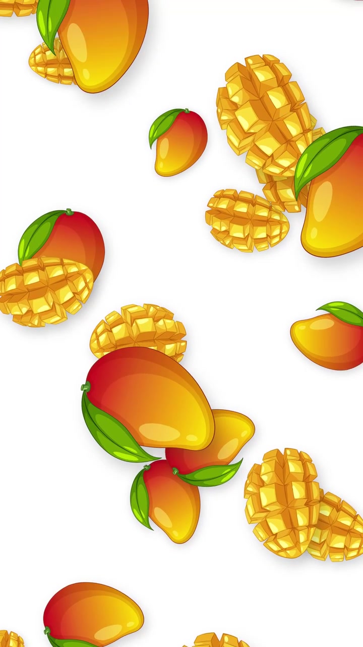 Mango a cartone animato colorati e fette a cubetti cadono continuamente su uno sfondo bianco pulito.
