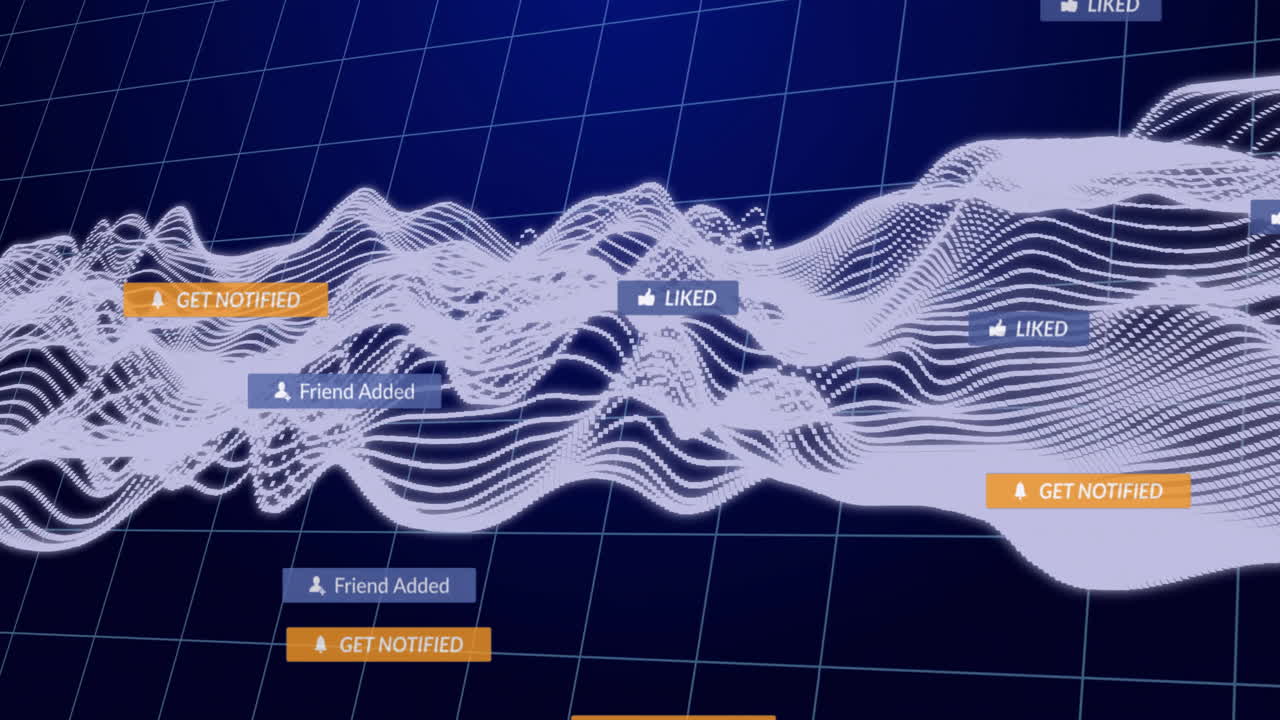 Abstract white waveform lines waving over dark blue grid, floating red subscribed, blue liked icons