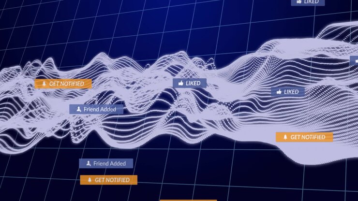 Abstract white waveform lines waving over dark blue grid, floating red subscribed, blue liked icons
