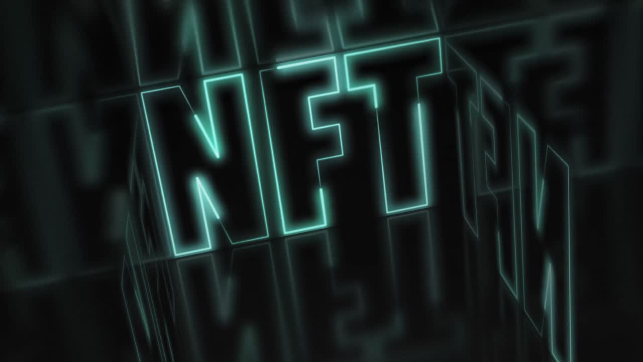 Animation of green neon nft text over black background