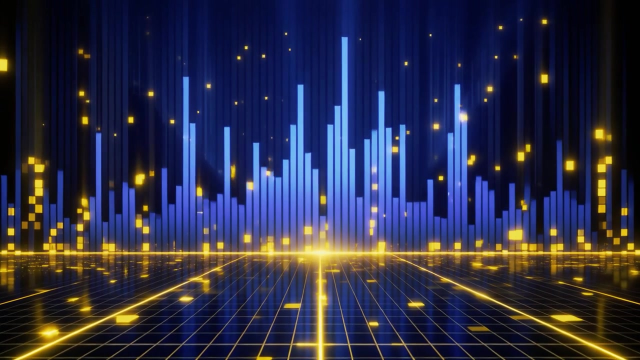 Digital Audio Visualizer with Glowing Blue Bars and Yellow Grid