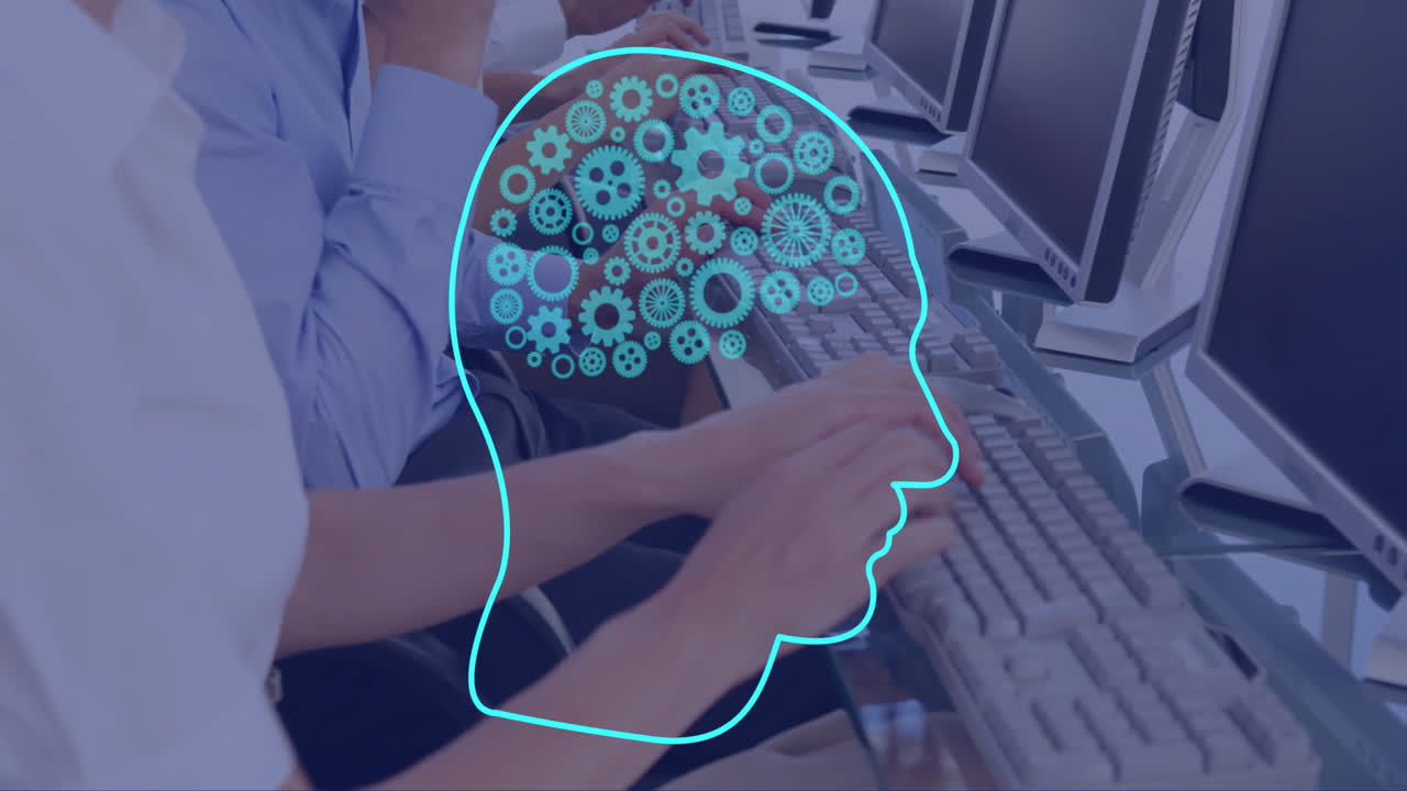 컴퓨터를 사용하는 다양한 사람들 위에 을 가진 ai 뇌의 애니메이션