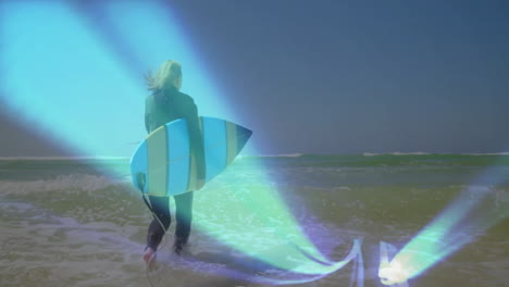 senior female surfer walking into shallow surf, with neon-blue streaks adding technology overlay