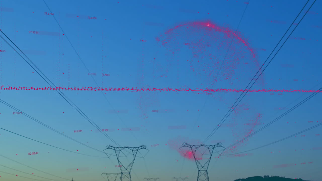 Animating high-voltage transmission towers extending into dusk, highlighting magenta data overlay