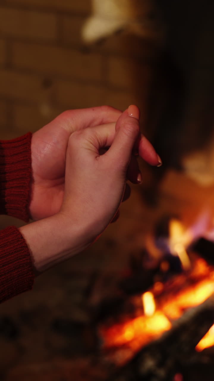 Hands of a man and woman near the fireplace. Couple in love warming hands by fireplace indoors. Romantic atmosphere at home. Vertical video