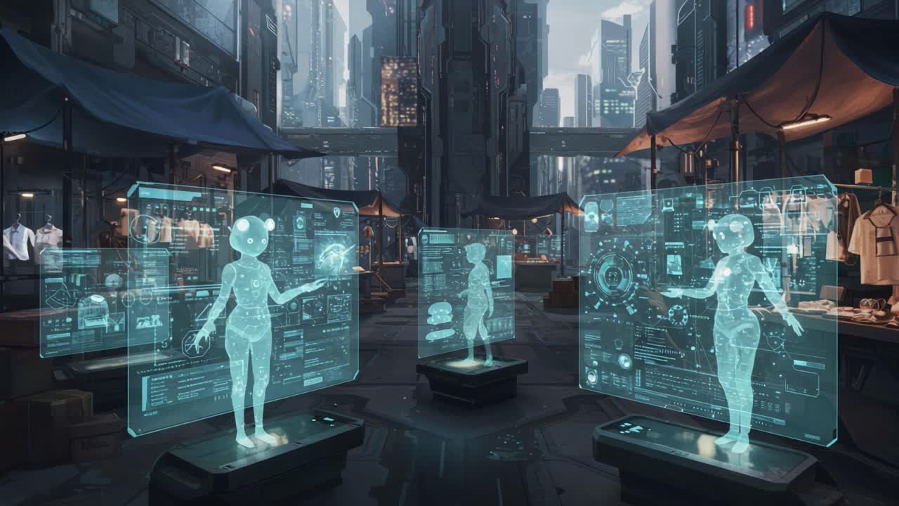 A Futuristic Urban Scene Featuring Holographic Figures In A Digital Marketplace, Showcasing Advanced Technology Amidst A Glistening Metropolis Backdrop
