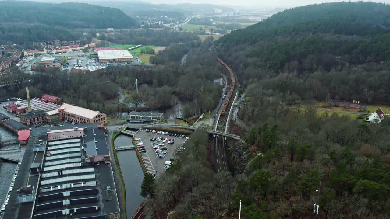 Aerial view of a freight train in Jonsered amid a scenic landscape