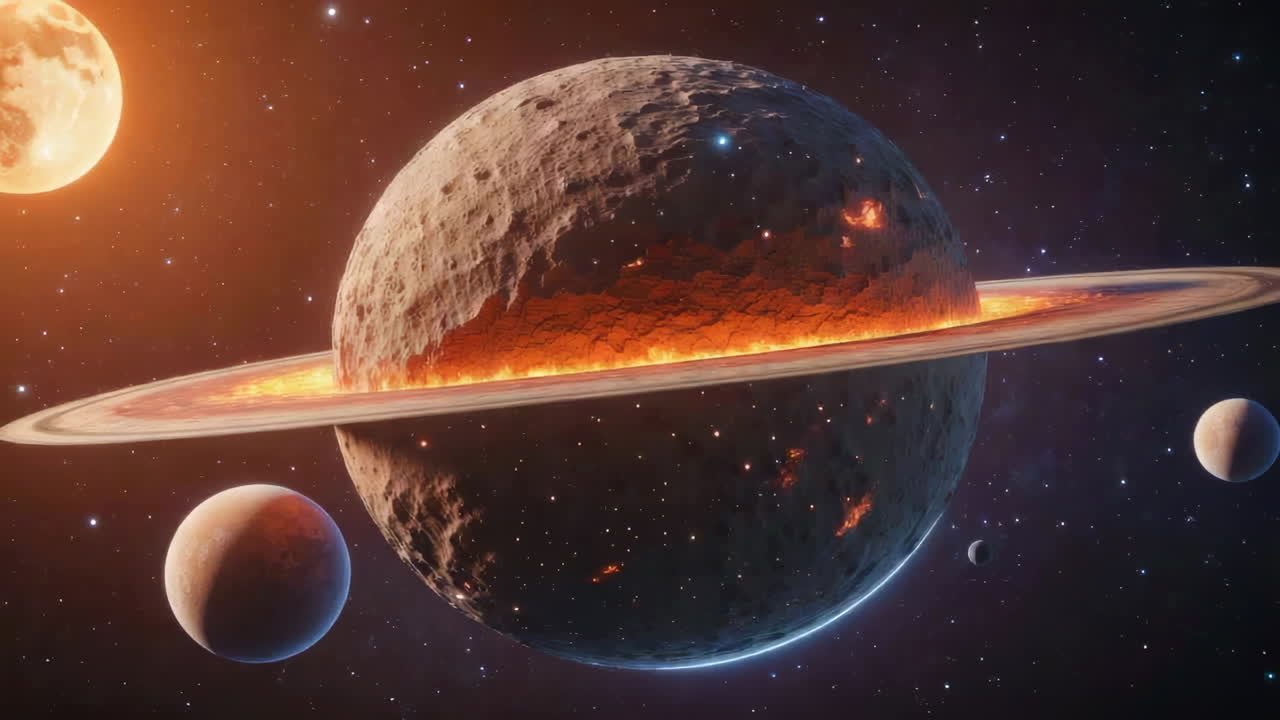 A Fractured Ringed Planet Erupting in Space