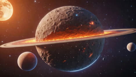 a fractured ringed planet erupting in space