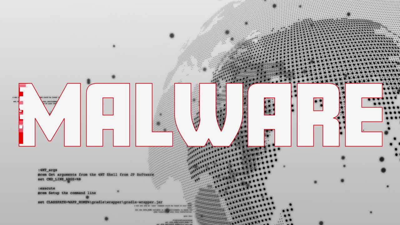Animation of malware text on digital globe with coding elements in background