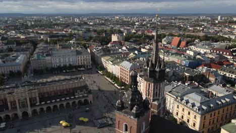 Aerial-view-of-Krakow-main-market-square,-clock-tower,-St