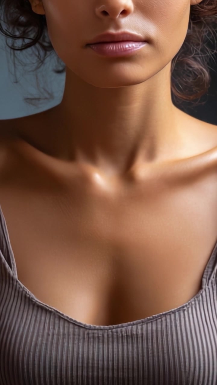 Primo piano elegante della scollatura e della clavicola di una donna, con pelle liscia e bellezza naturale in una tonalità neutra su uno sfondo morbido.