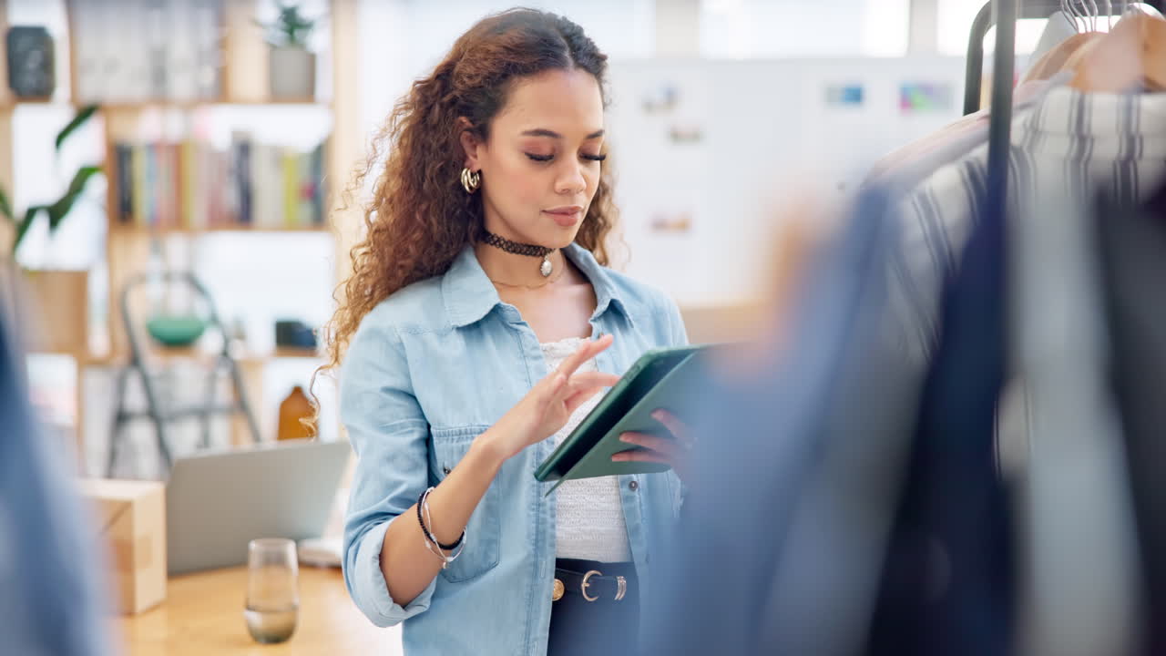 Fashion, employee and woman with a tablet
