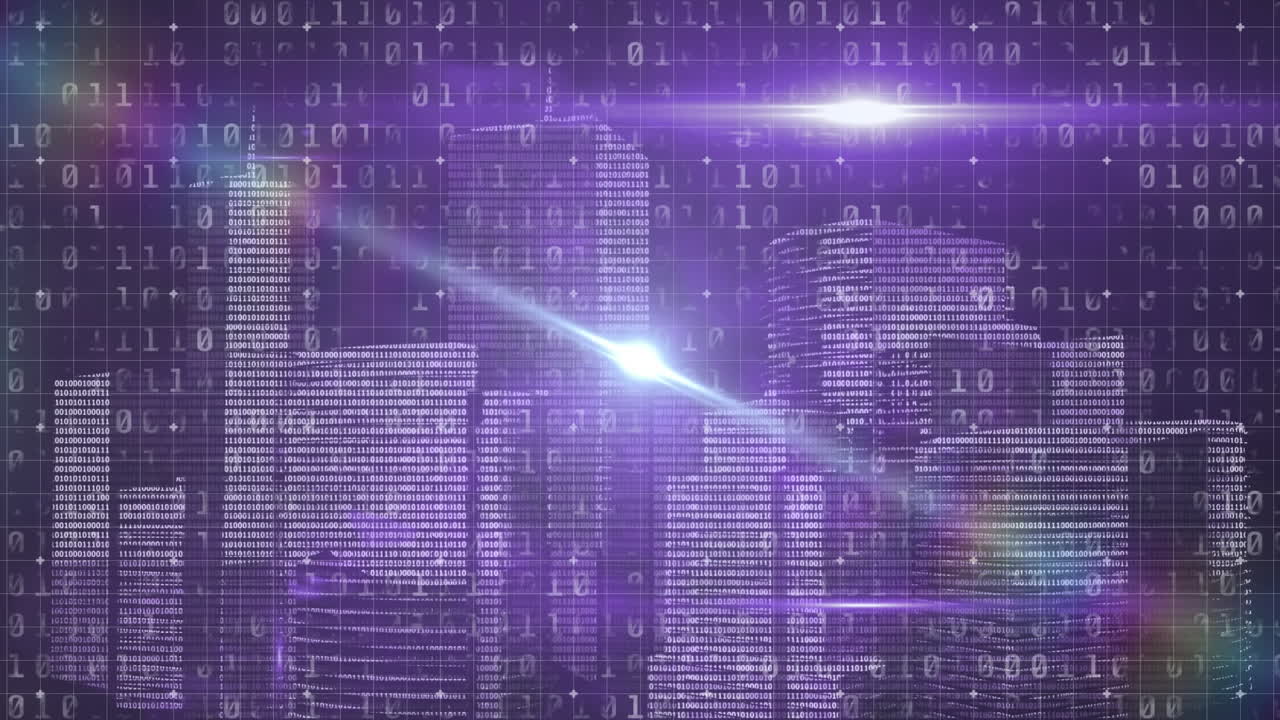 Animation of binary coding and 3d cityscape model over purple background
