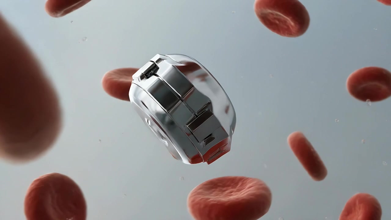 Flowing blood pushing shiny capsule device rotating and drifting in blood vessel among red cells