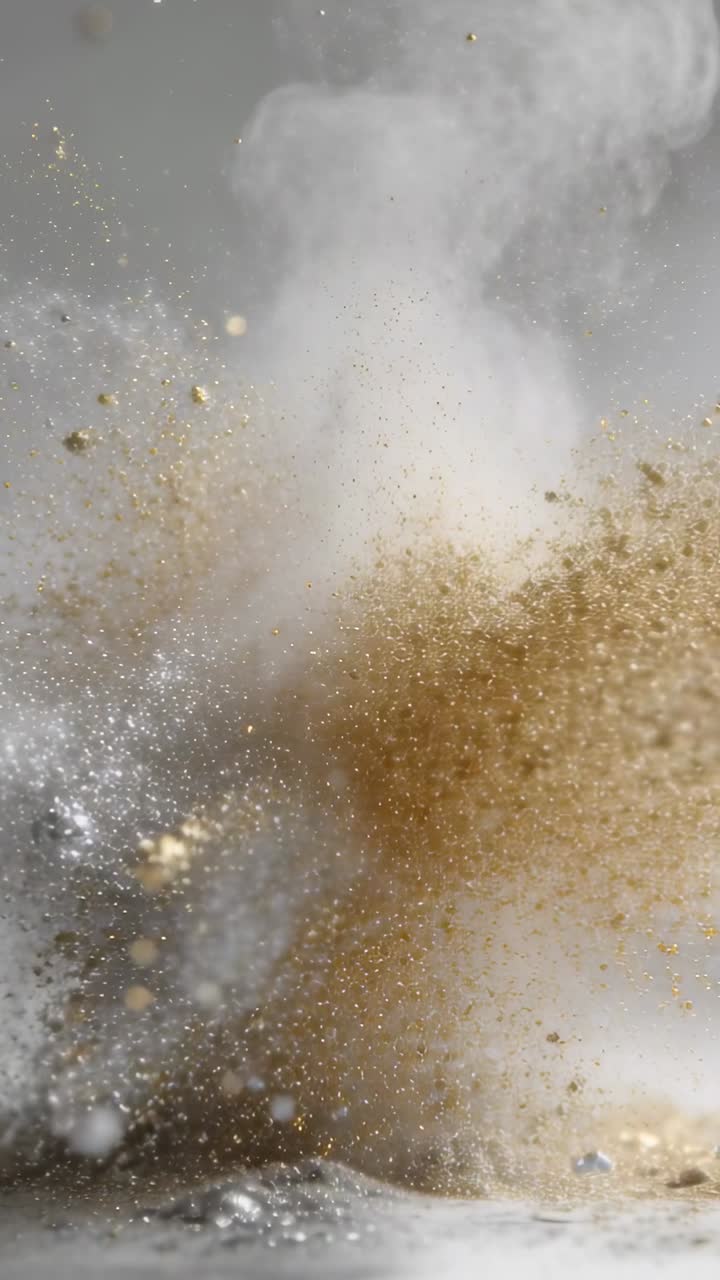 Video verticale: Un pennacchio di vapore bianco che erutta, con polvere d'oro e scaglie di metallo, si solleva da un tavolo in laboratorio.