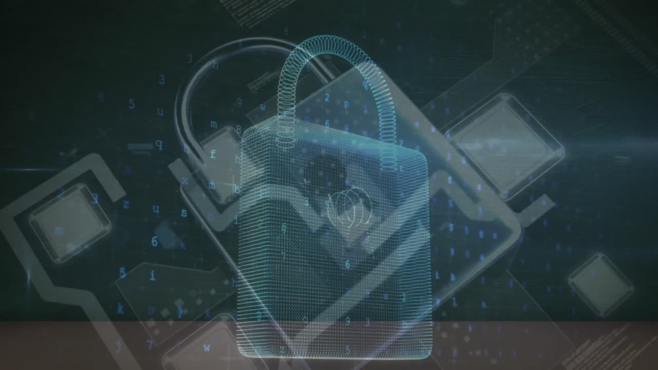 animación del icono del candado de seguridad a través de la red de conexiones y procesamiento de datos.