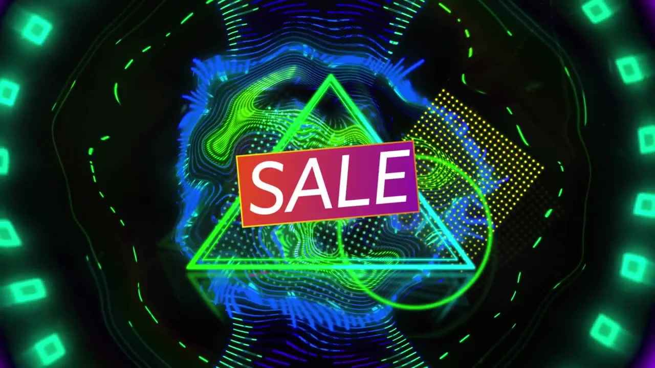 Animazione di saldi e forme al neon in movimento su sfondo nero.