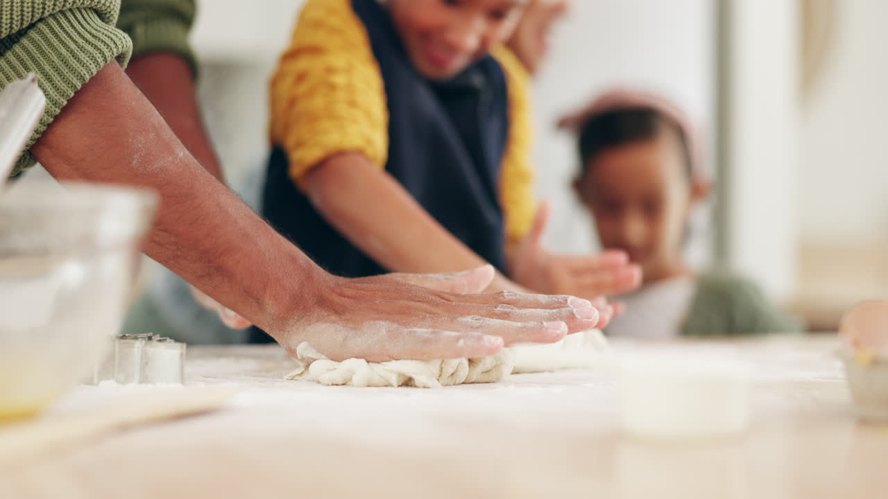 Father, baking and hands of children with dough