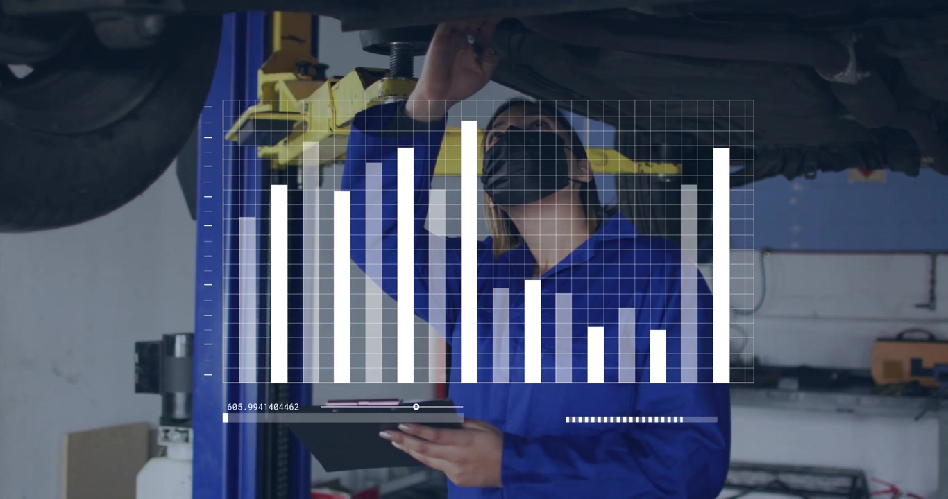 Female technician tapping tablet under lifted vehicle, animating bar charts for diagnosing faults