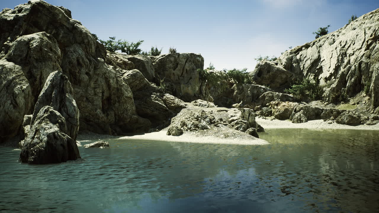 Tranquil landscape of a serene water body surrounded by rocky terrain
