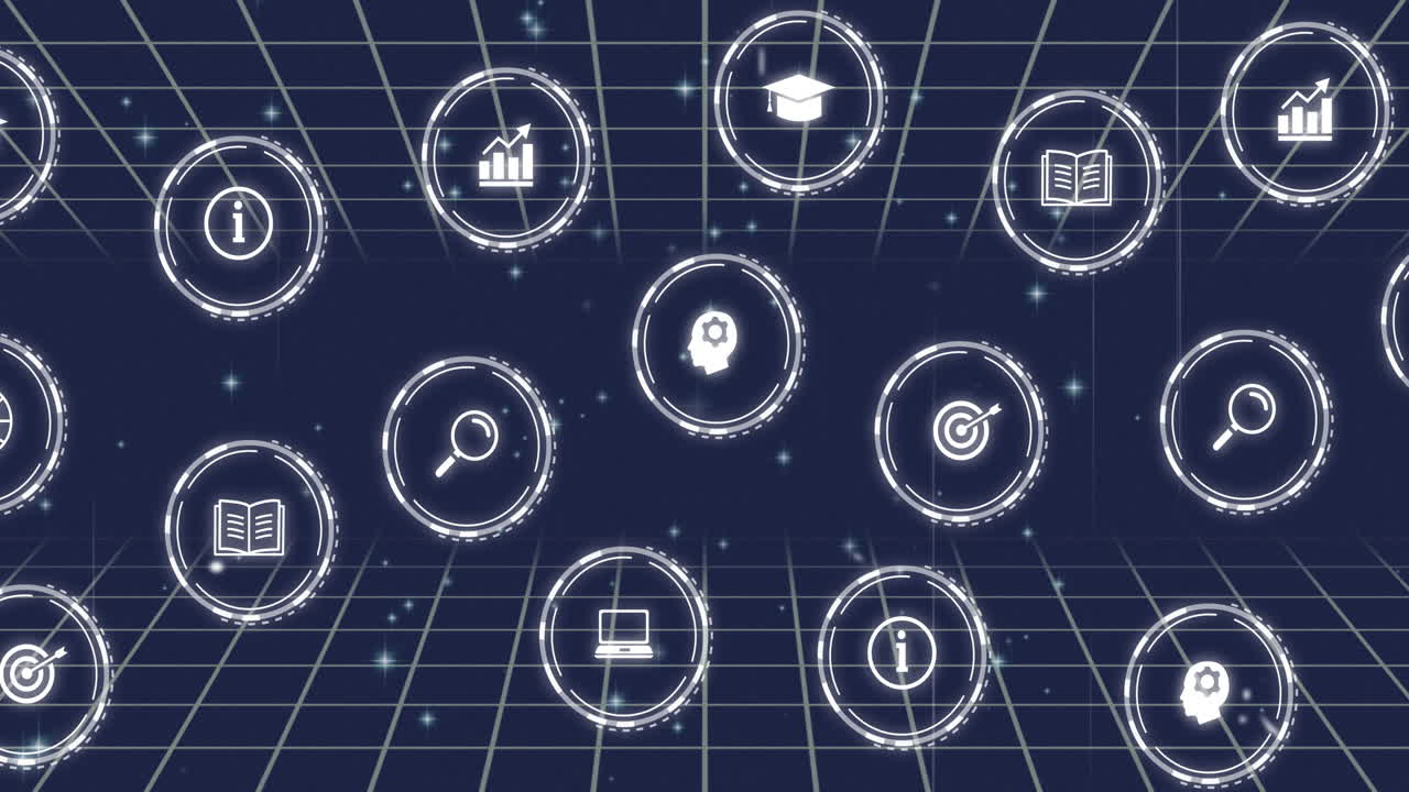 Animation of network of connections and data processing with icons on blue background