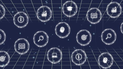 animation of network of connections and data processing with icons on blue background