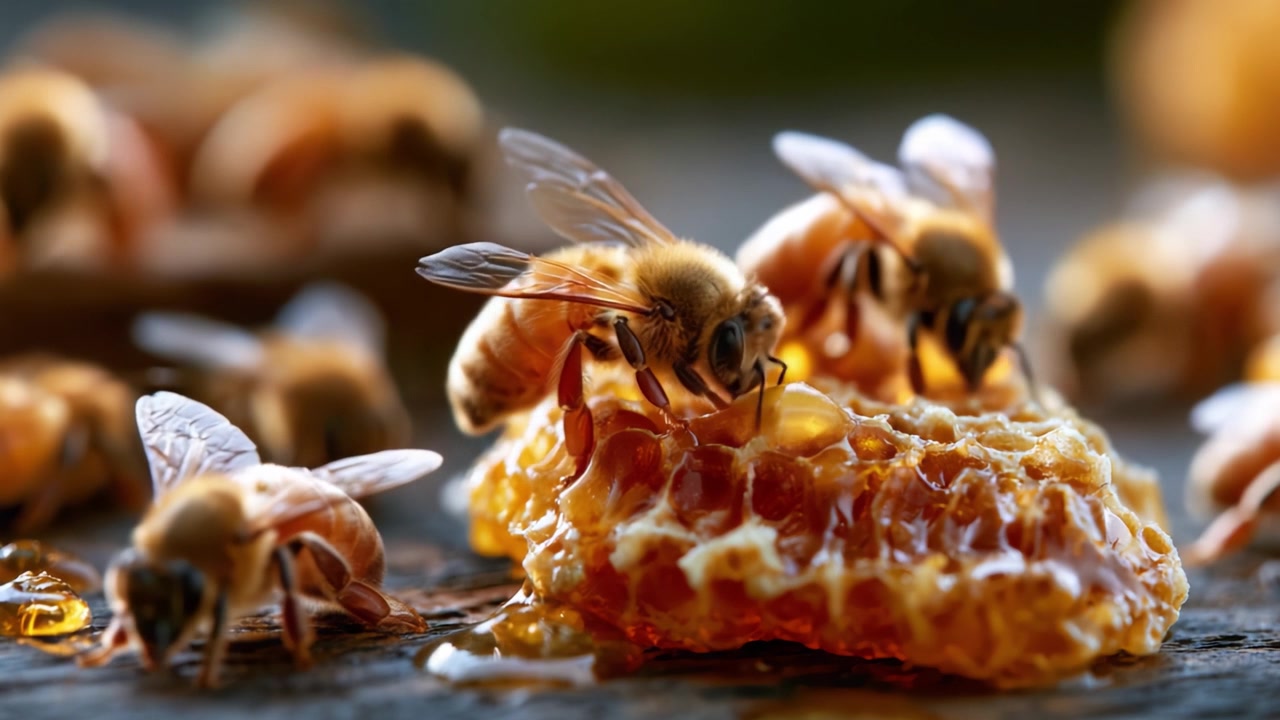 Primo Piano di Api che Raccolgono Miele da un Espositore a Nido d'Ape, Mostrando il Loro Intricato Comportamento e il Dolce Tesoro Dorato che Producono.