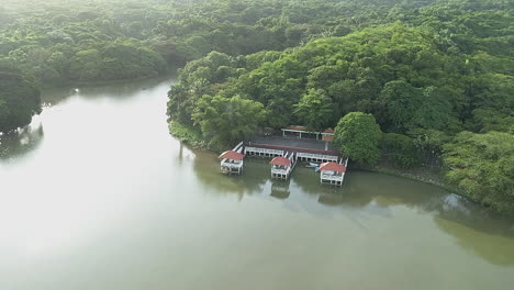 aerial forward over dock of north park mirador and surrounding landscape, santo domingo