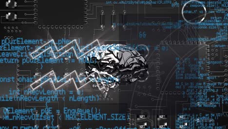animation of rotating brain over shapes, integrated circuit and data processing