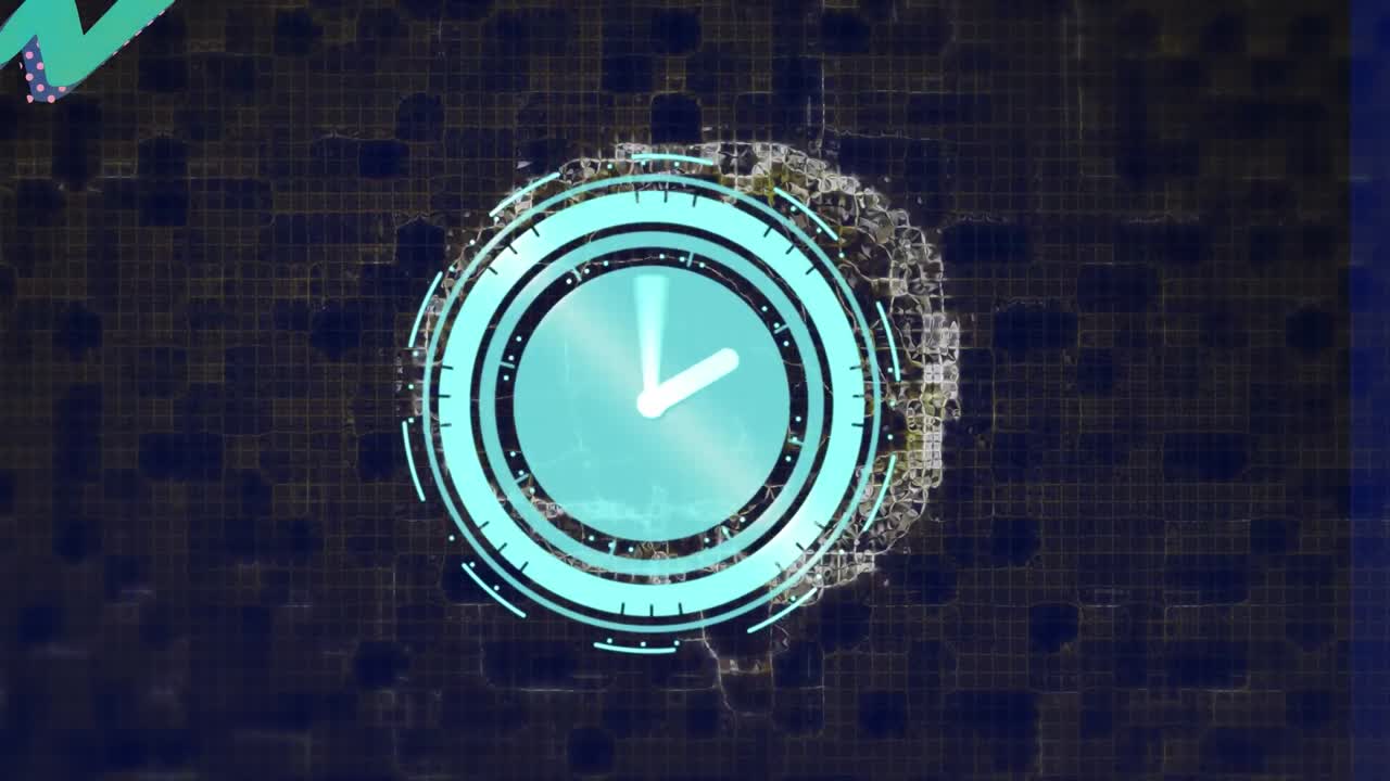 Animation of moving clock over digital brain on blue background