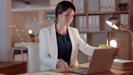 mujer de negocios, computadora portátil en el escritorio y la noche