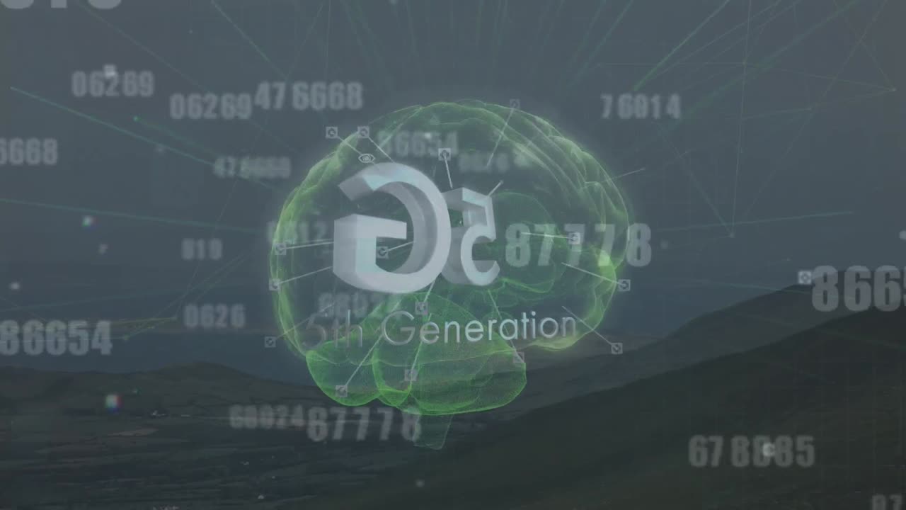 뇌의 애니메이션과 풍경 위의 5g 텍스트